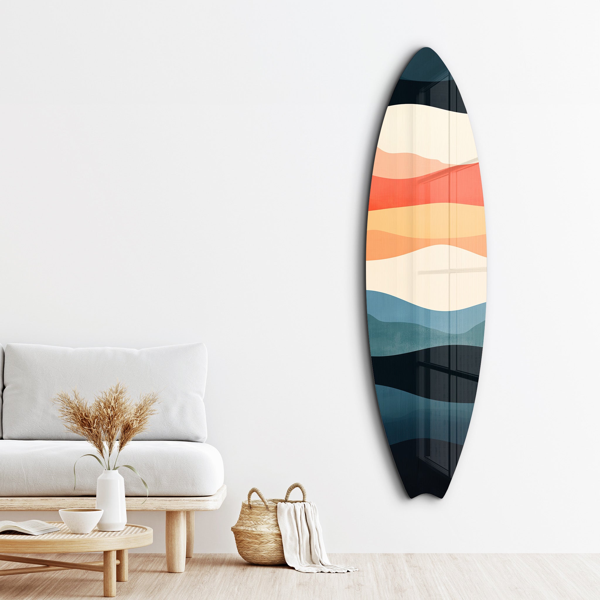 Colorful retro horizon surfboard glass wall art by Artdesigna featuring vibrant sunset and ocean wave designs.