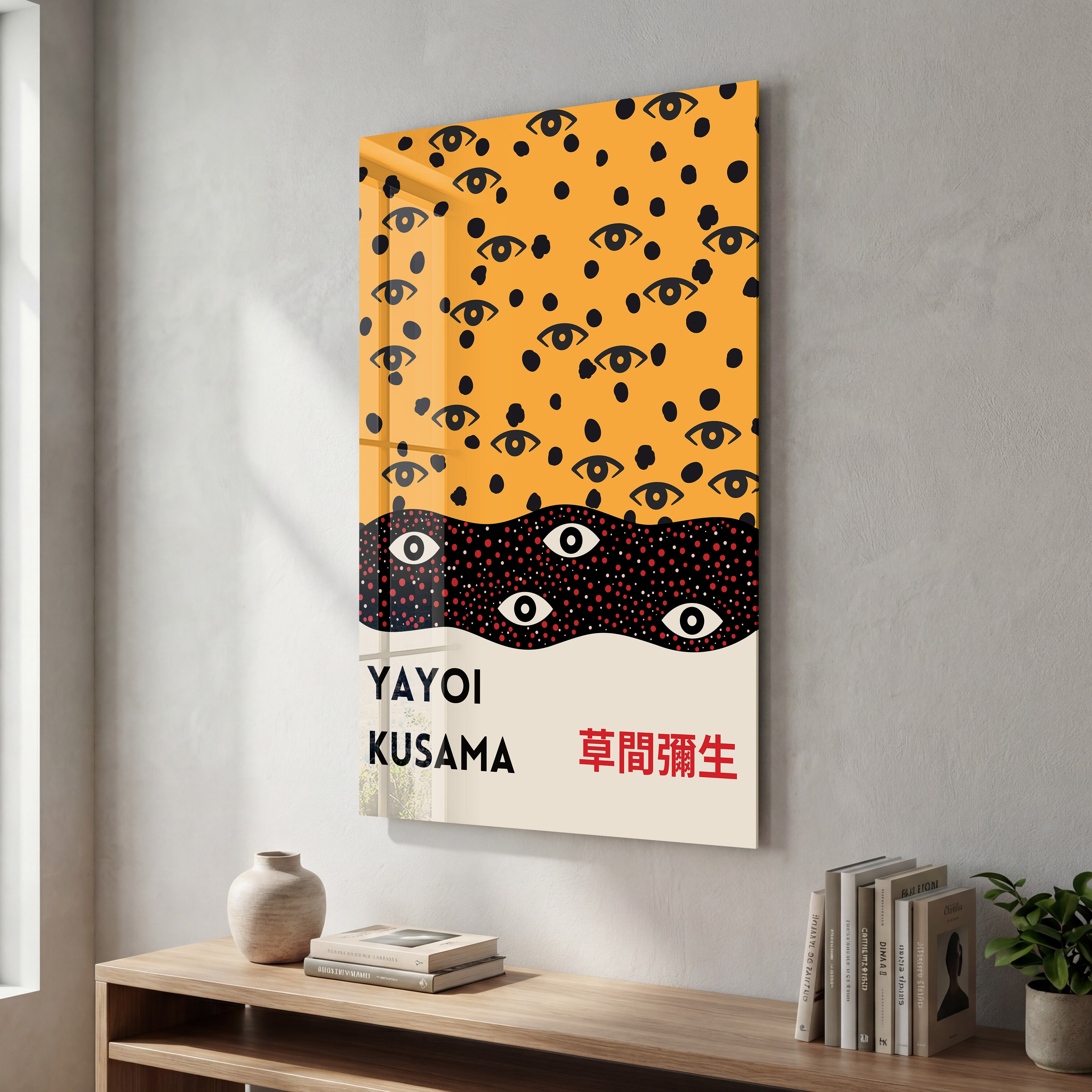 Glass wall art featuring Yayoi Kusama's Infinite Eyes design with bold pop art style, by Artdesigna.