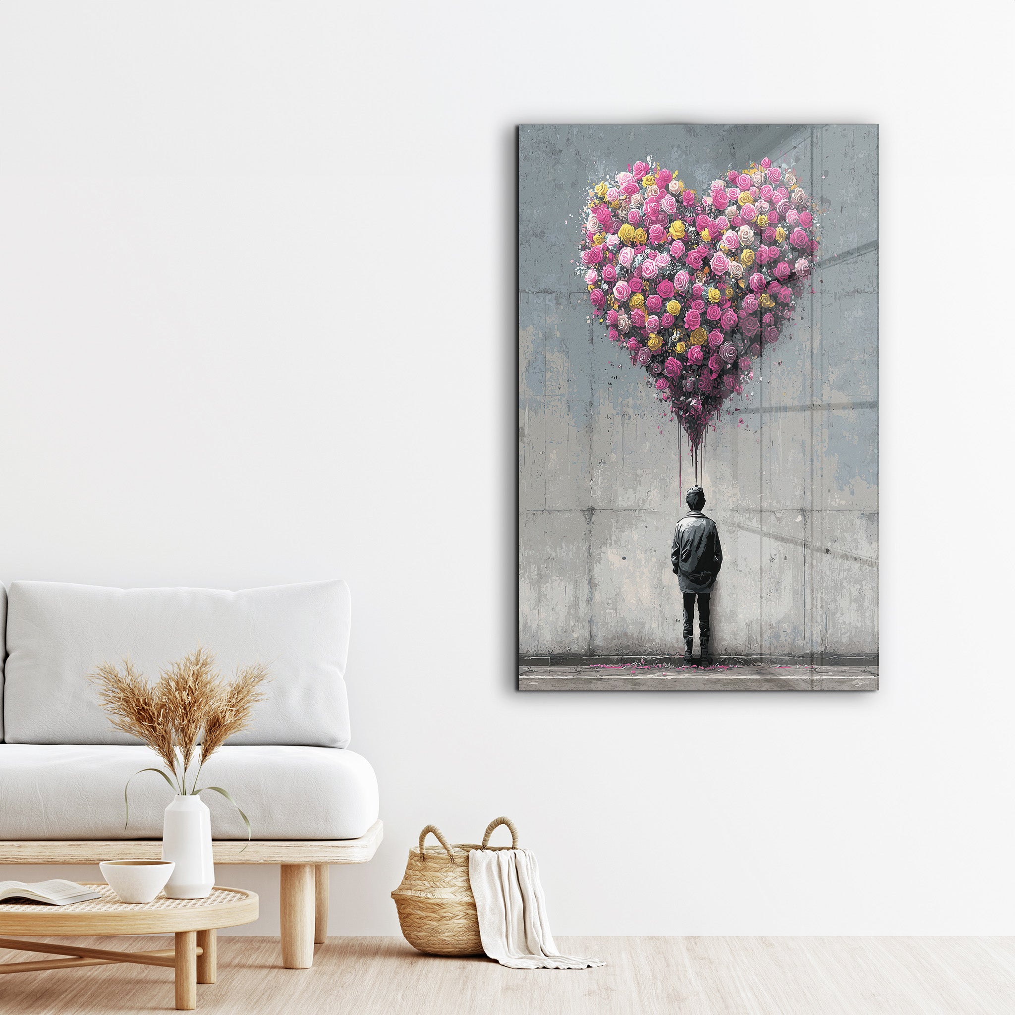 Glass wall art featuring a blooming heart design by Artdesigna, romantic urban wall decor on a sleek glass surface.