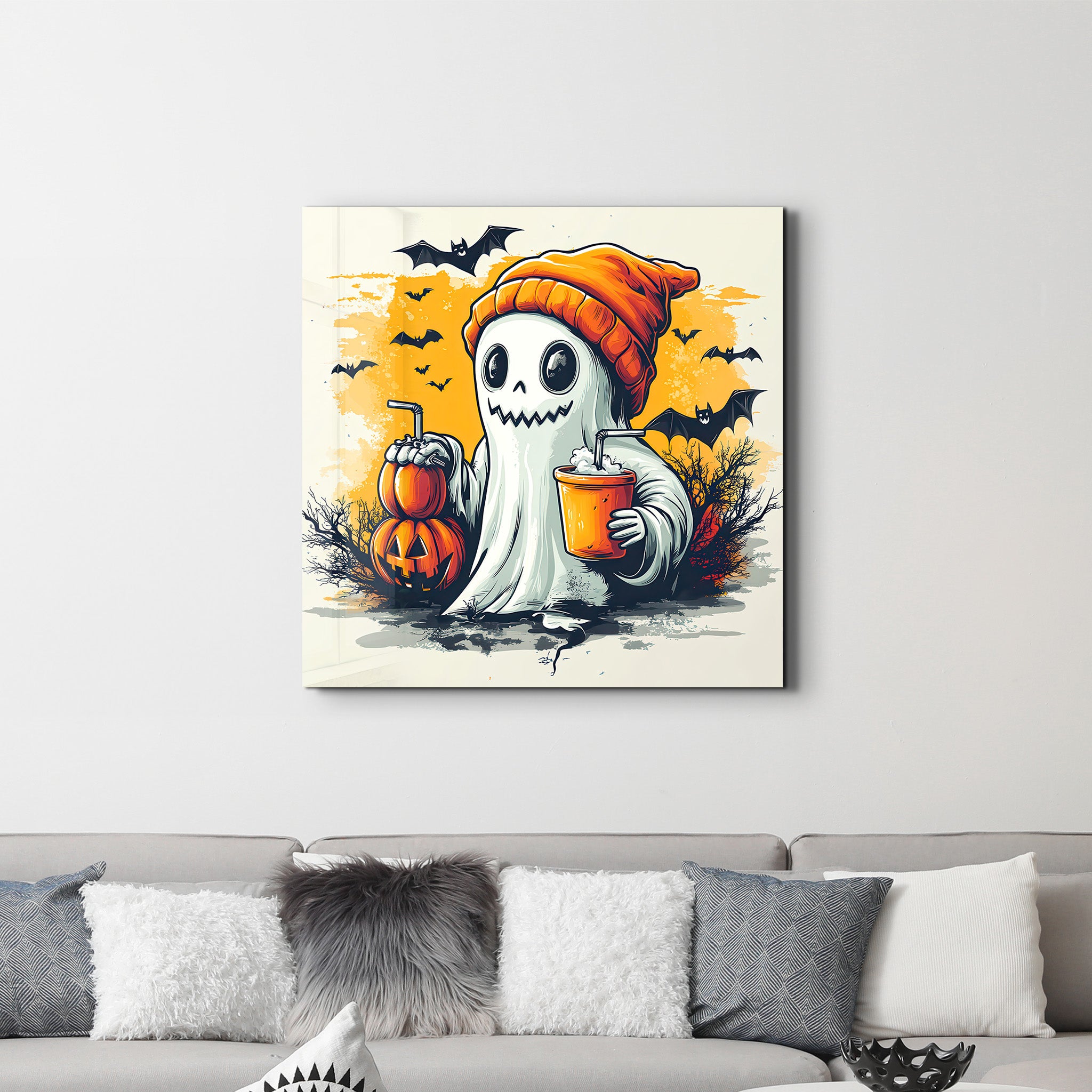 Chillin' Ghost: Halloween Vibes | Halloween Style Glass Wall Art - Artdesigna