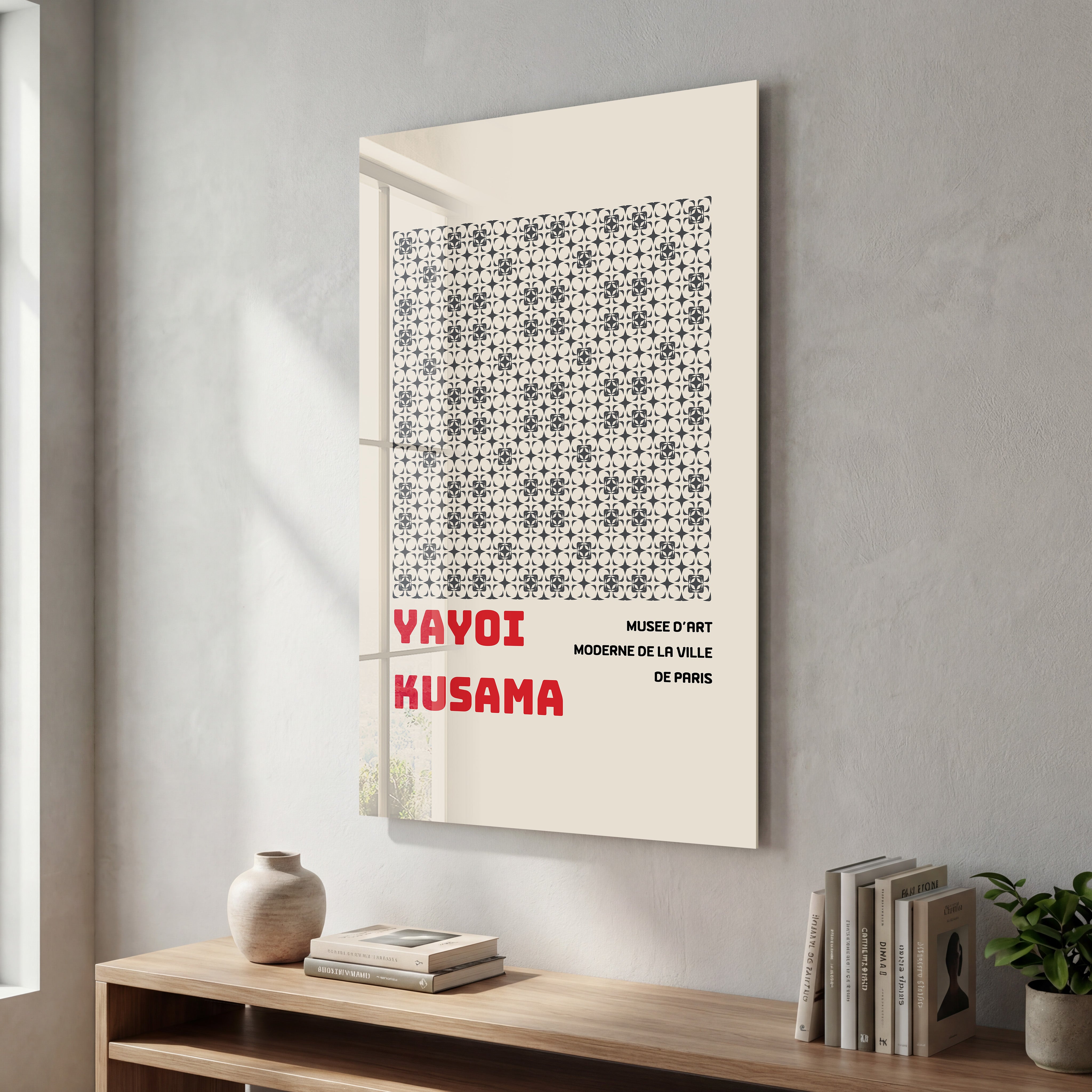 Yayoi Kusama monochrome pattern Japanese pop art glass wall art by Artdesigna, featuring bold black and white geometric designs.