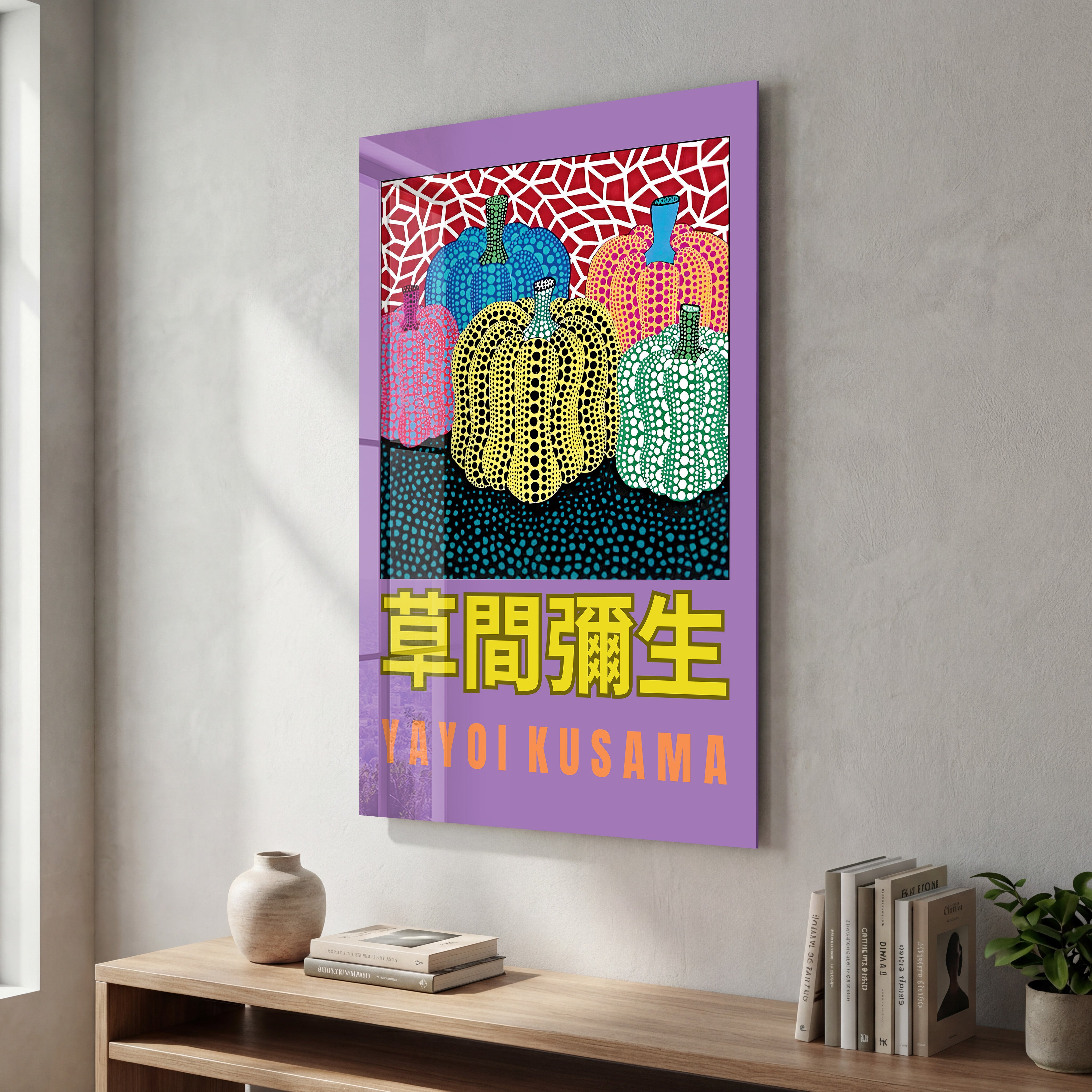 Colorful Yayoi Kusama pumpkin glass wall art by Artdesigna featuring vibrant Japanese pop art design and detailed glass craftsmanship.