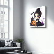 Lil' Witch and Her Pumpkin Pal | Halloween Style Glass Wall Art - Artdesigna