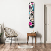 Artdesigna Ride Destroy snowboard glass wall art featuring a bold, colorful snowboard graphic on clear glass surface.