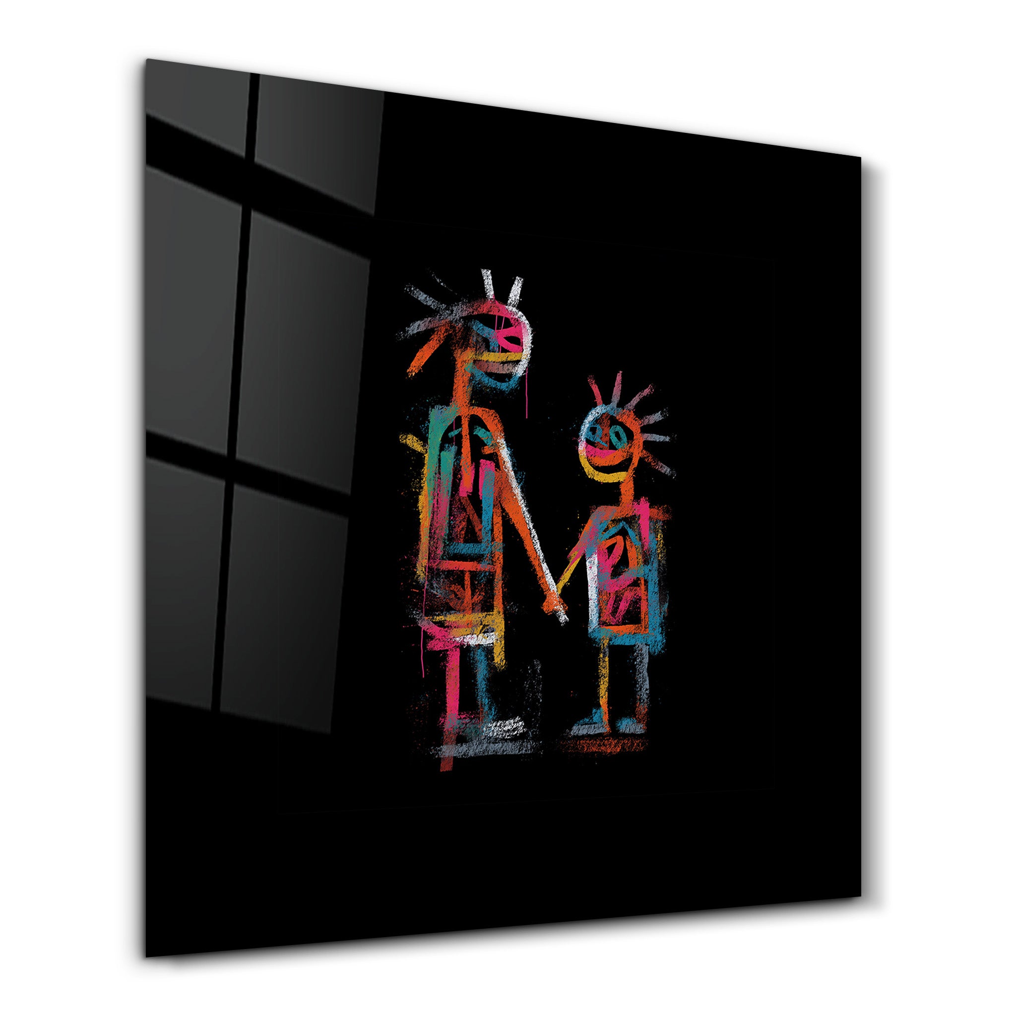 Neon family square glass wall art by Artdesigna featuring vibrant neon lights in a modern design for home decor.
