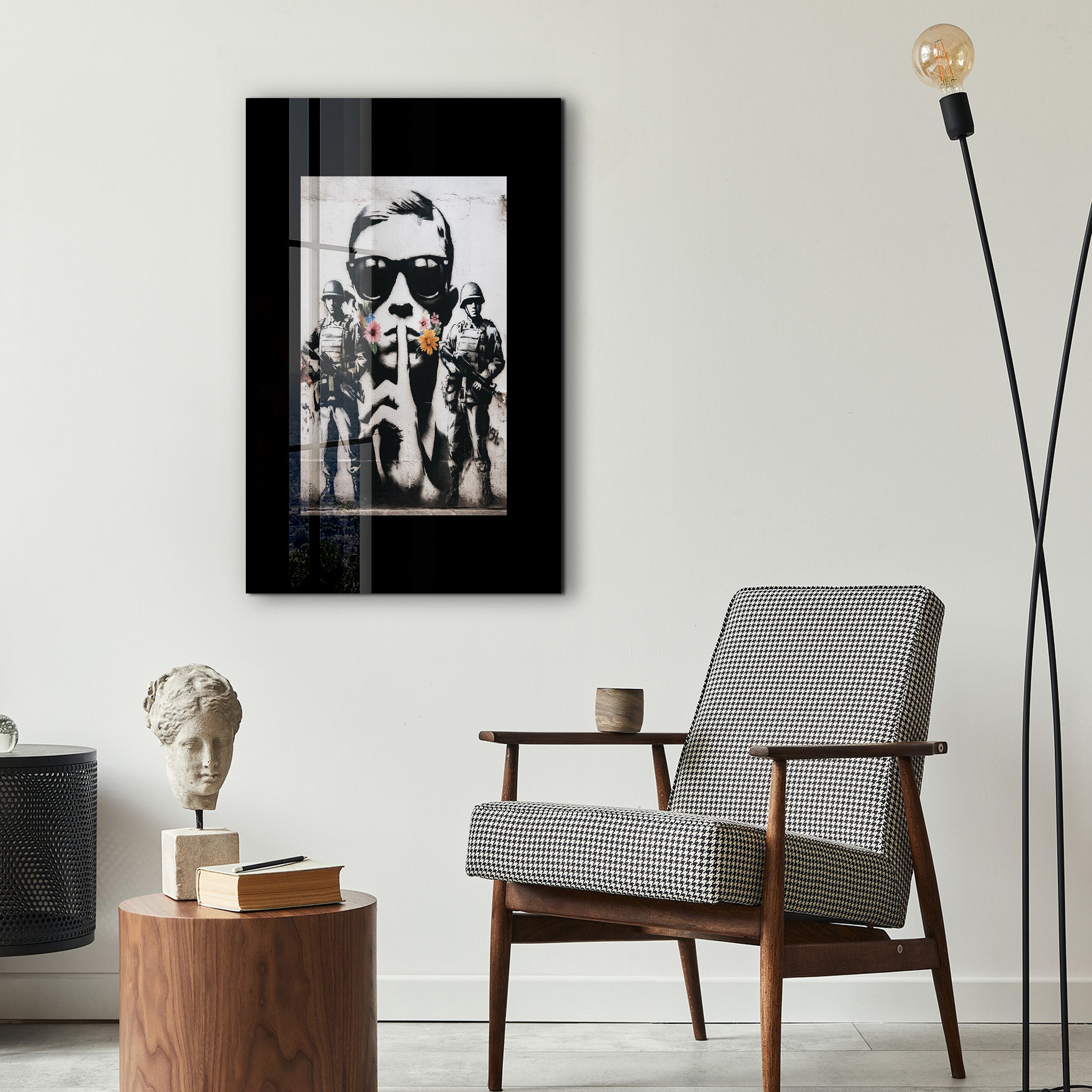 Glass wall art by Artdesigna featuring urban protest street art design in a sleek, modern style for contemporary home decor.