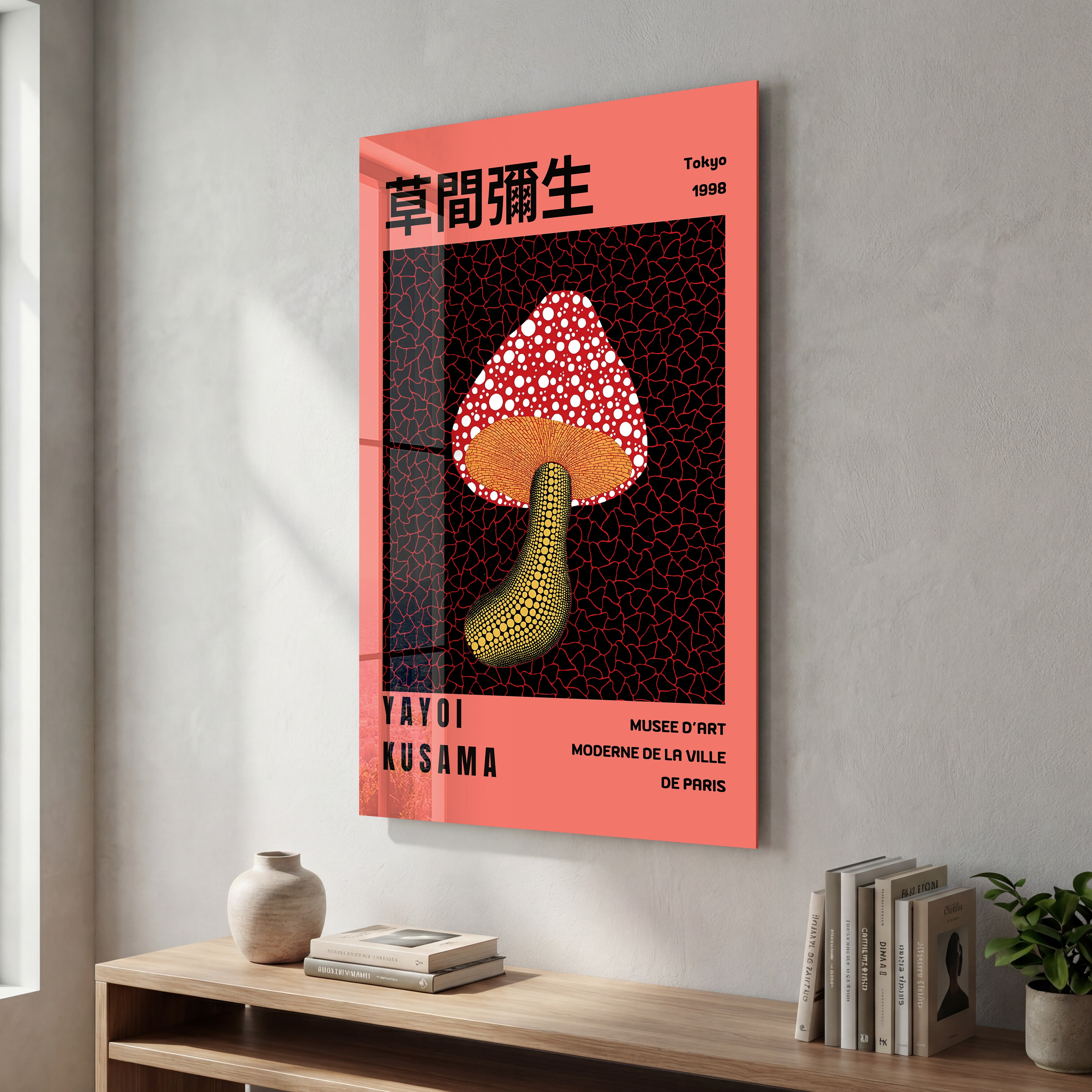 Red mushroom glass wall art by Artdesigna inspired by Yayoi Kusama's Japanese pop art style, featuring vibrant colors and intricate details.