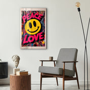 Colorful glass wall art featuring graffiti-style smiley face with peace and love symbols by Artdesigna, vibrant and modern home decor.