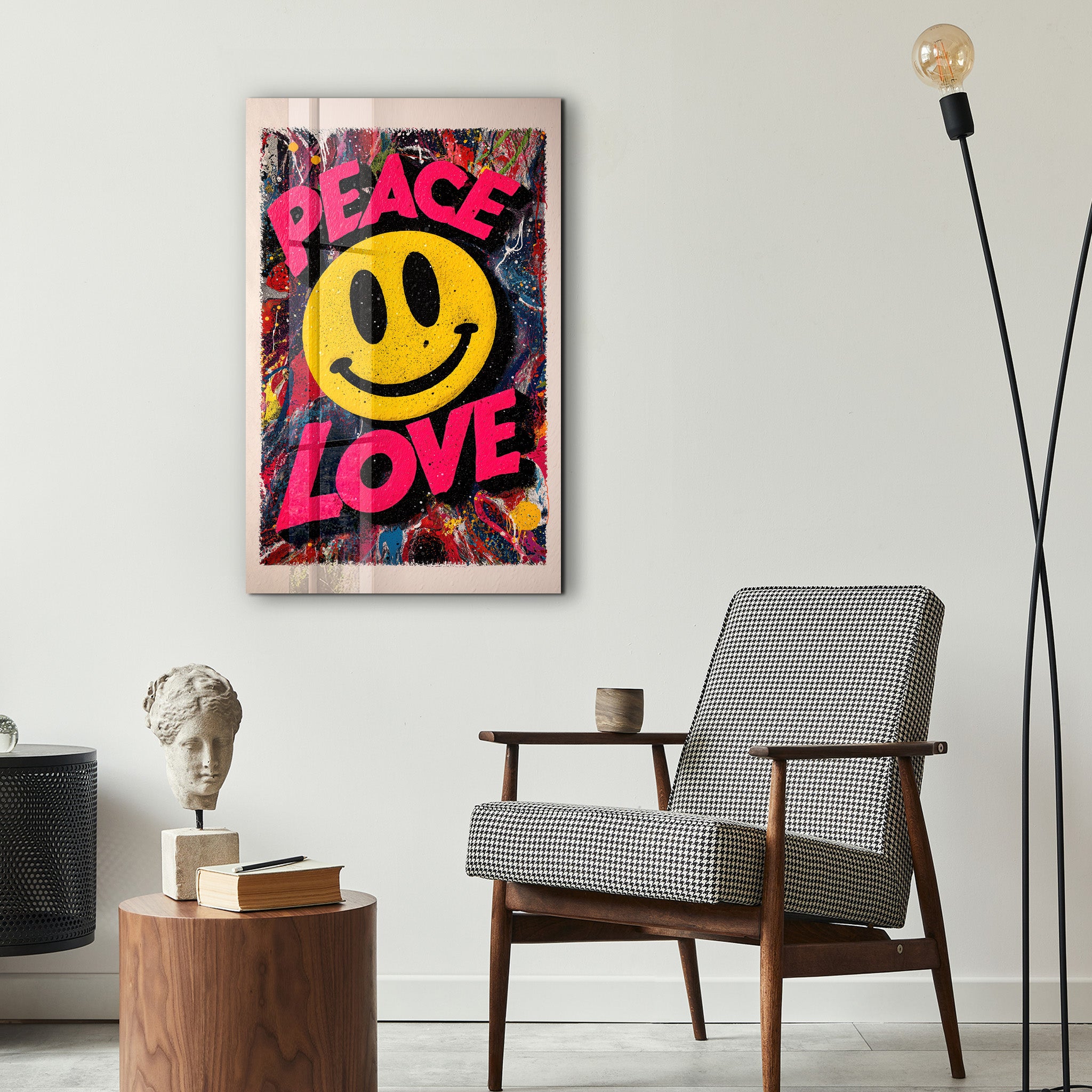 Colorful glass wall art featuring graffiti-style smiley face with peace and love symbols by Artdesigna, vibrant and modern home decor.