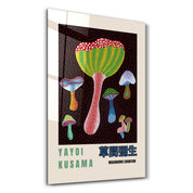 Colorful glass wall art featuring Yayoi Kusama-inspired mushroom design in Japanese pop art style, by Artdesigna.