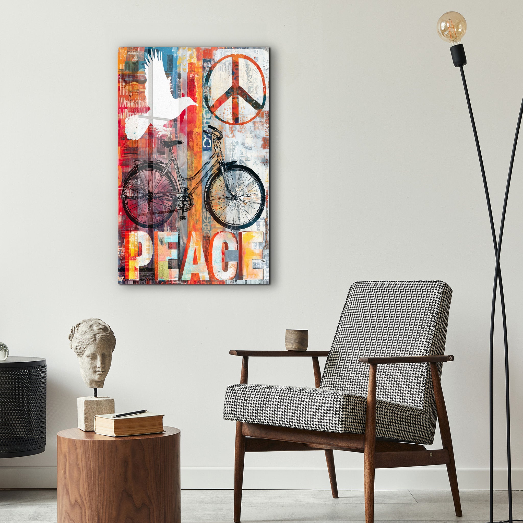 Peace Ride urban bicycle collage glass wall art by Artdesigna, featuring vibrant bicycle and cityscape design on clear glass.