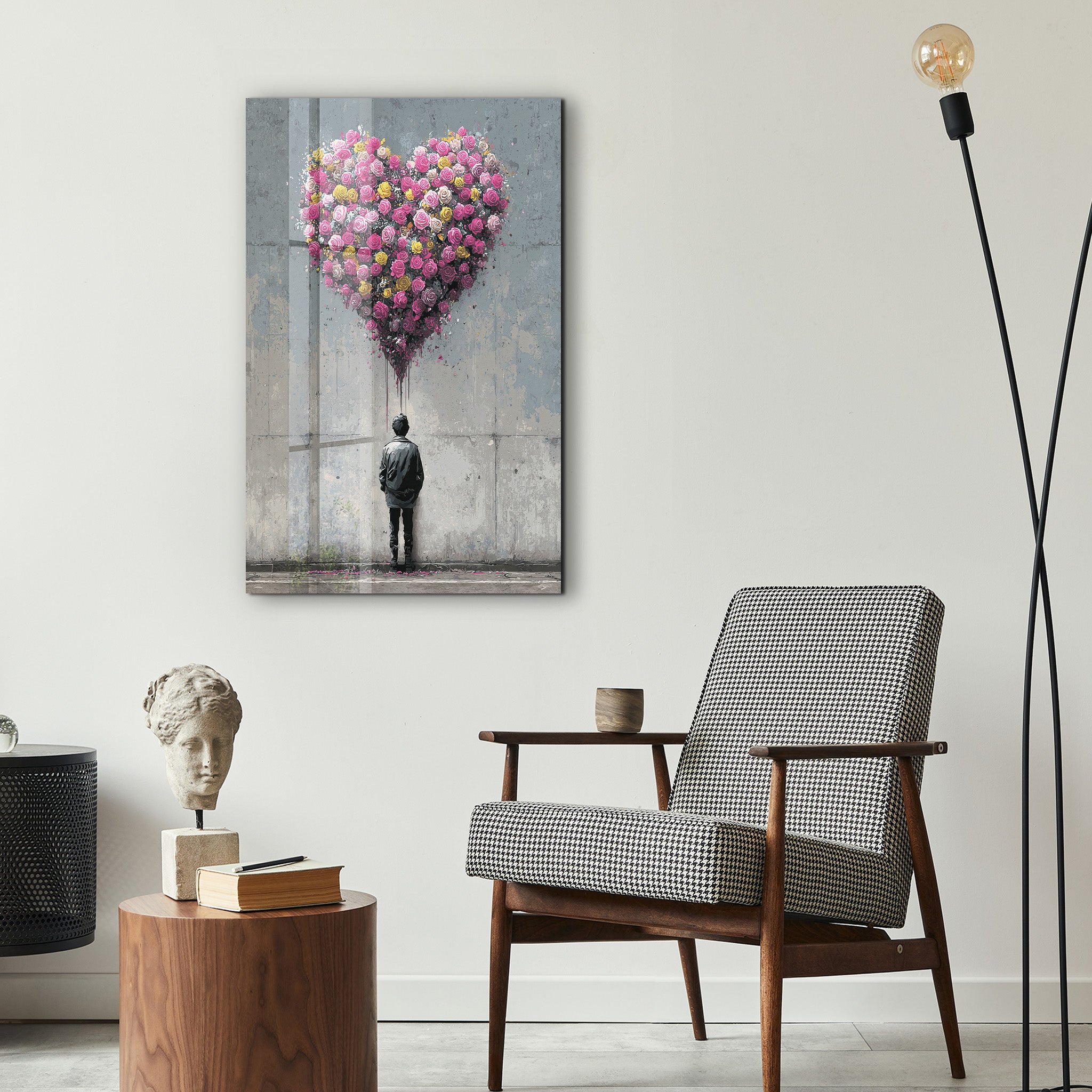 Romantic urban glass wall art featuring blooming heart design by Artdesigna, displayed on a modern wall for stylish decor.