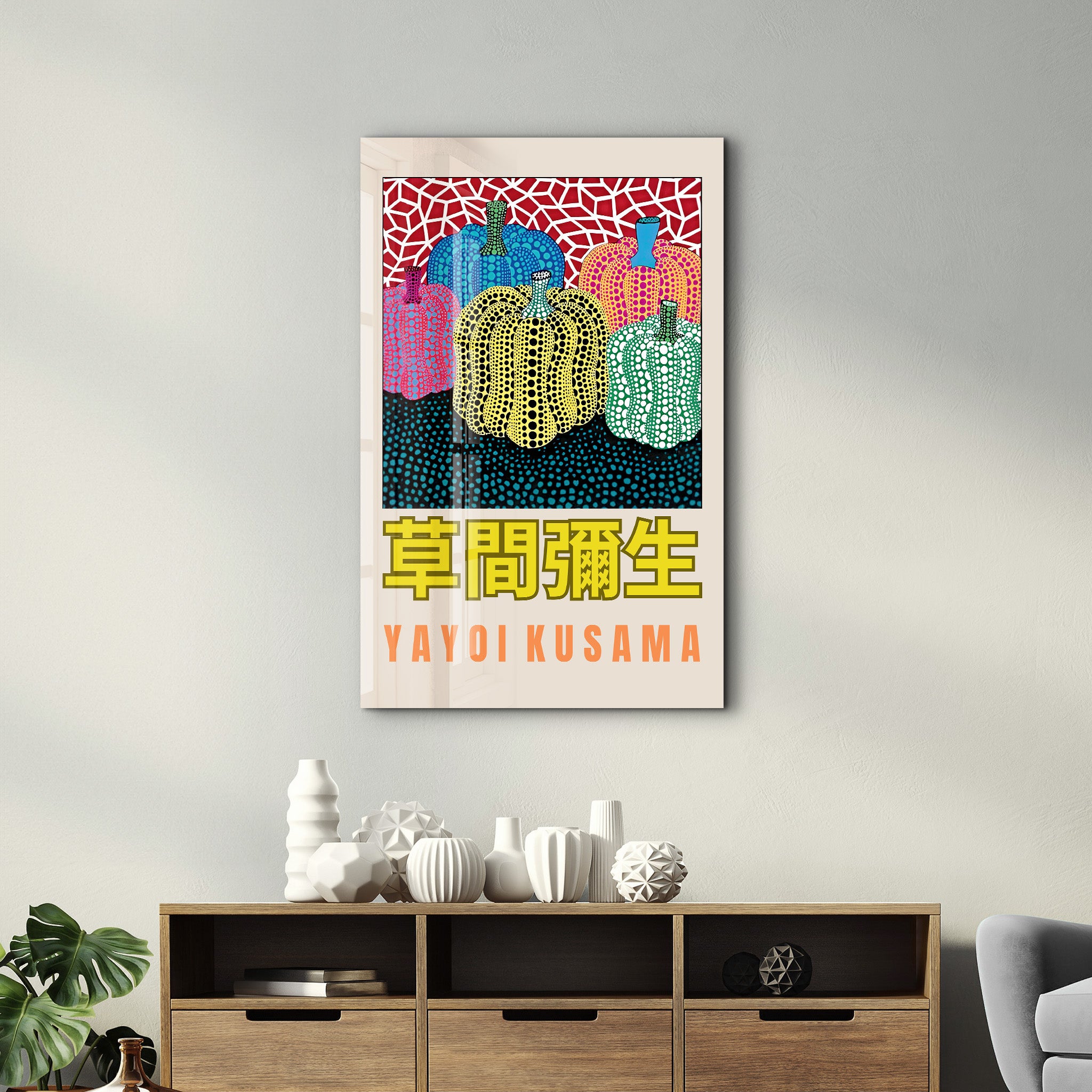 Yayoi Kusama pumpkins Japanese pop art glass wall art by Artdesigna, featuring colorful pumpkin designs on clear glass.