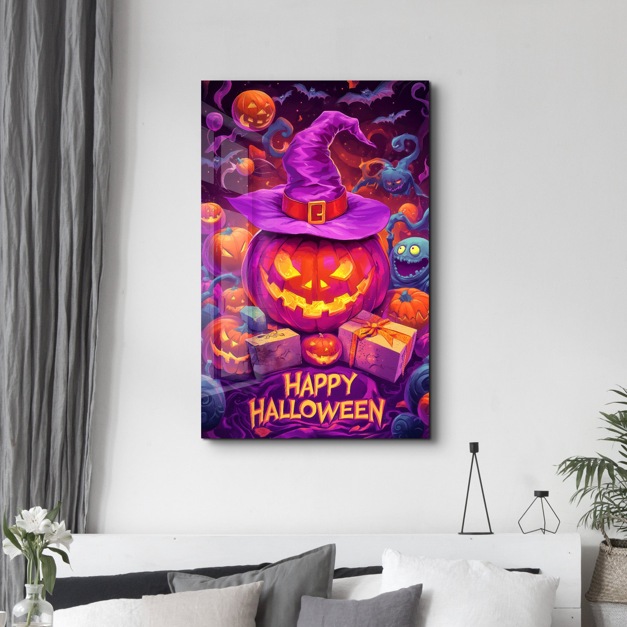 Glowing Jack-O-Lanterns | Halloween Glass Wall Art - Artdesigna