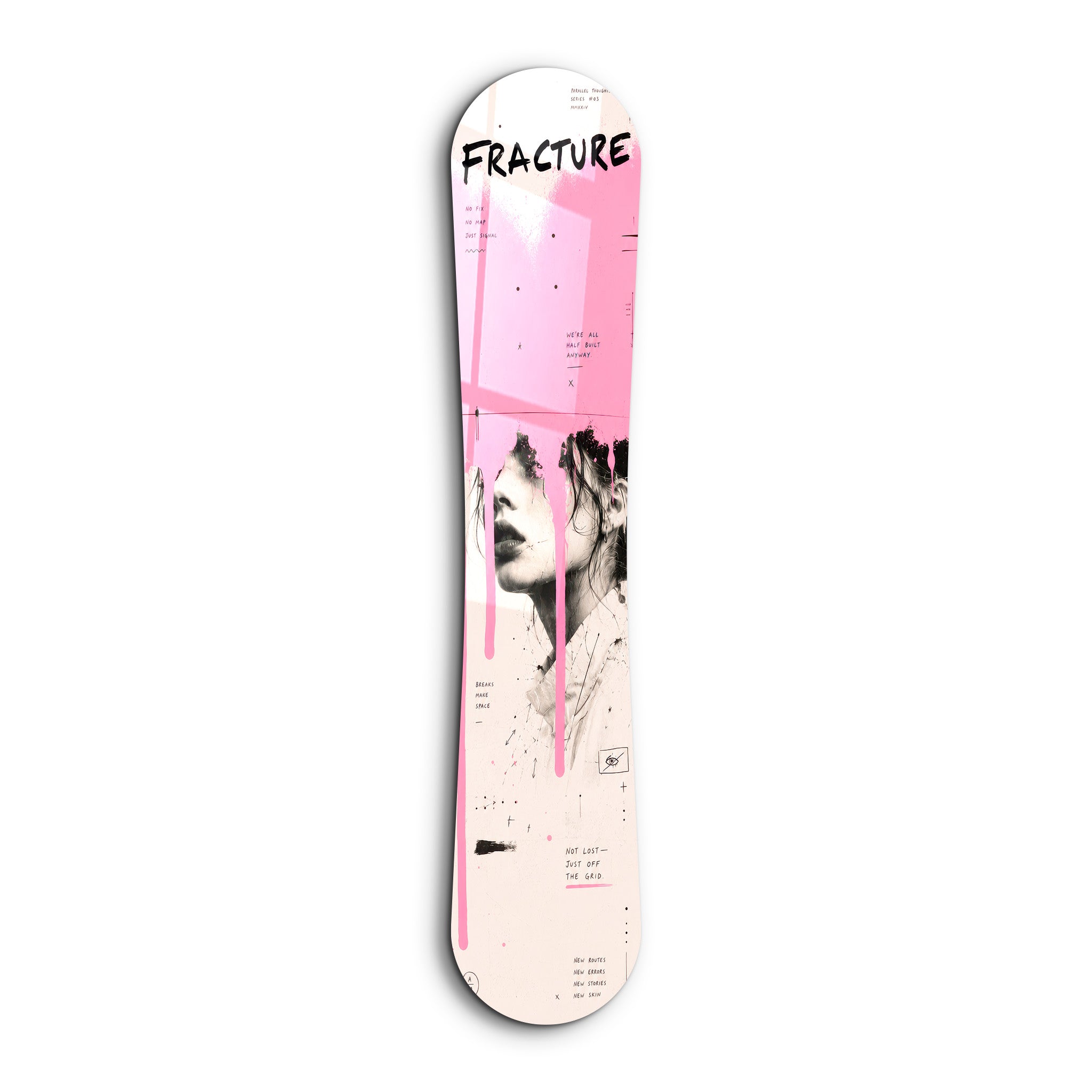 Pink grunge portrait snowboard glass wall art by Artdesigna featuring a vibrant, artistic design on clear glass background.