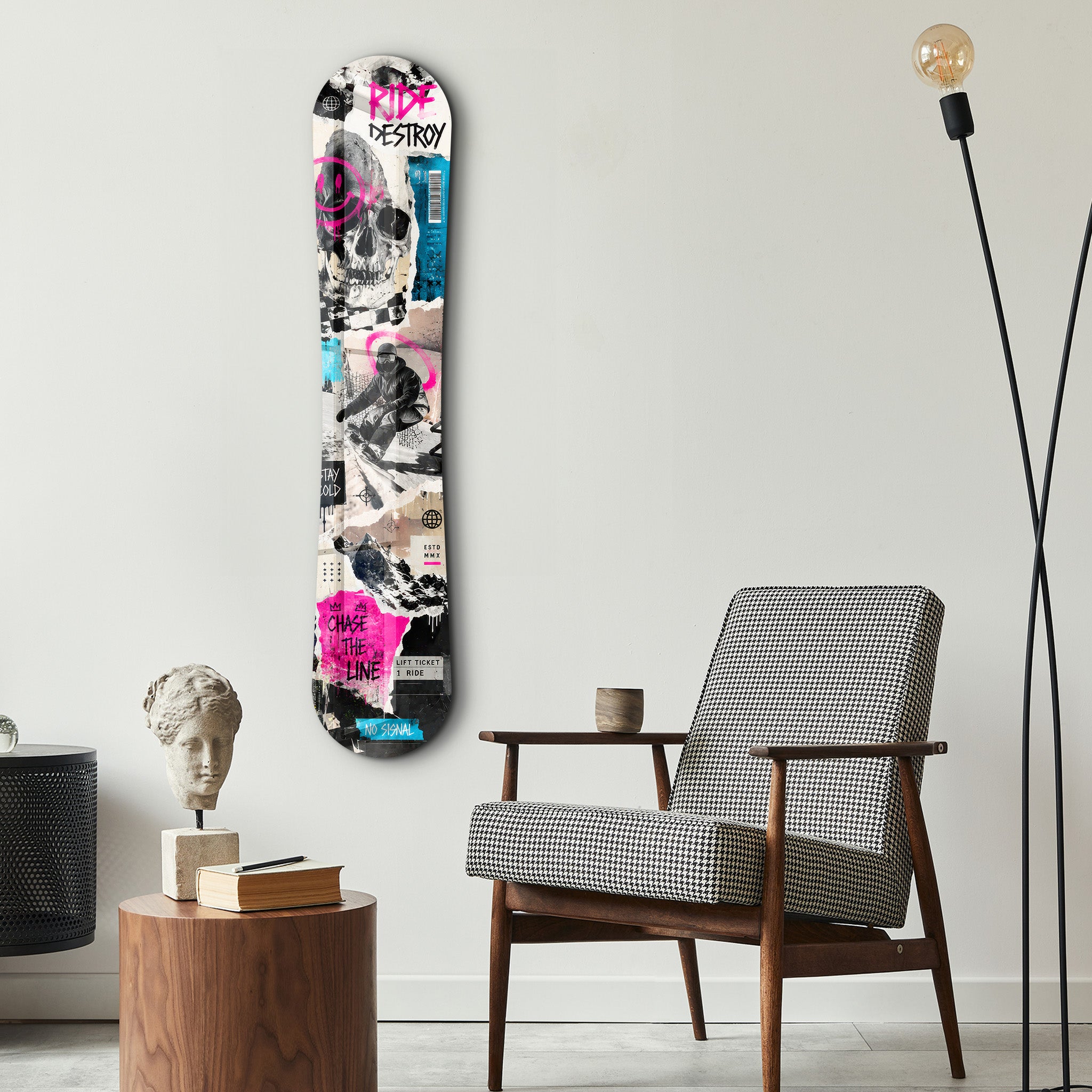 Artdesigna Ride Destroy snowboard glass wall art featuring bold, colorful snowboarding design on clear glass panel.