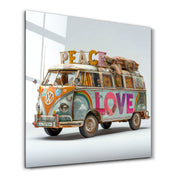 Glass wall art featuring a retro van design titled Peace Journey by Artdesigna, square-shaped decorative glass wall piece.