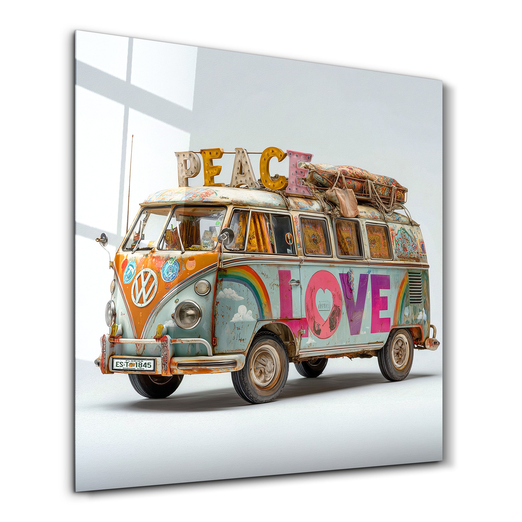 Glass wall art featuring a retro van design titled Peace Journey by Artdesigna, square-shaped decorative glass wall piece.