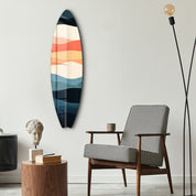 Retro Horizon surfboard glass wall art by Artdesigna featuring a vibrant sunset scene on a sleek glass wall decor piece.