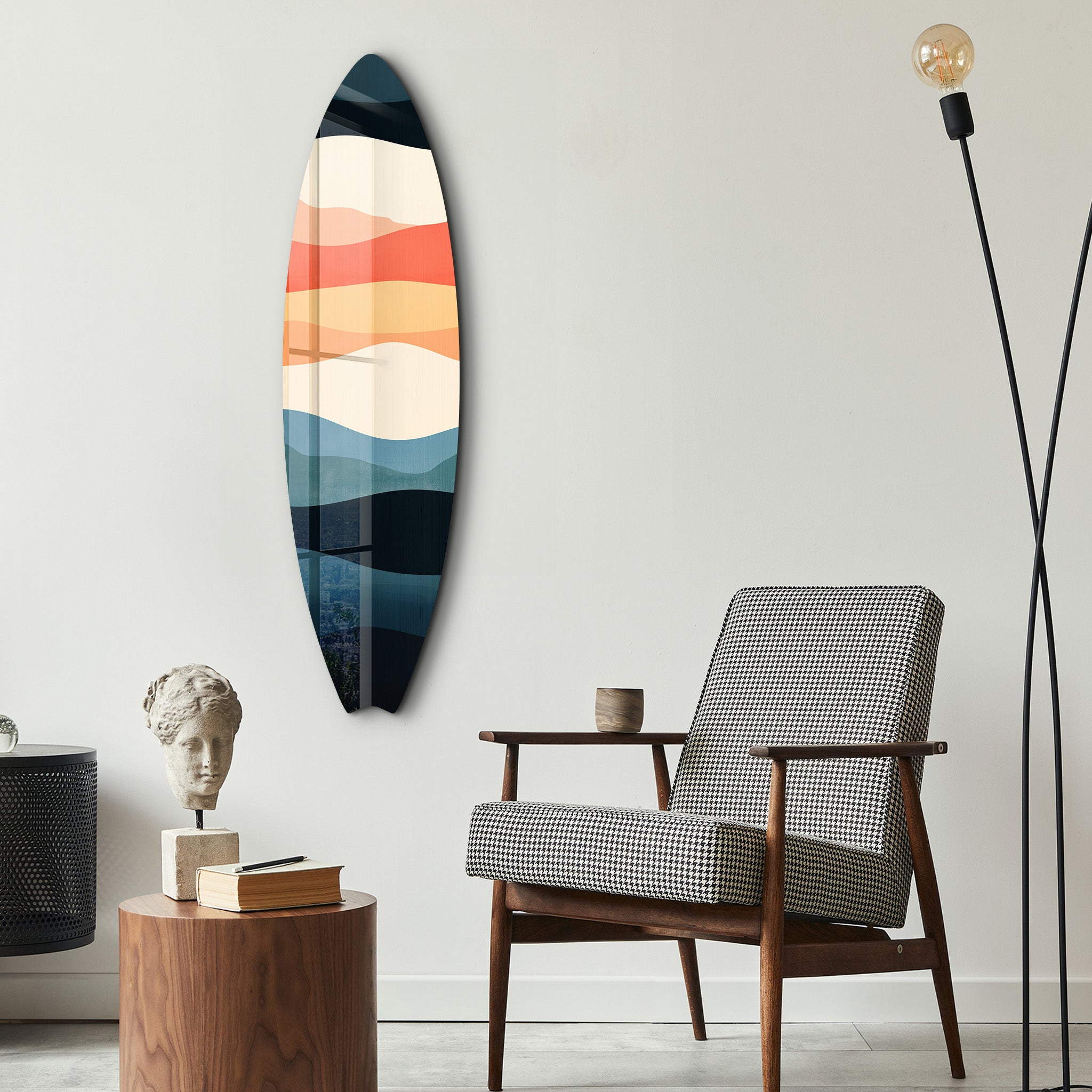 Retro Horizon surfboard glass wall art by Artdesigna featuring a vibrant sunset scene on a sleek glass wall decor piece.