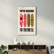Yayoi Kusama Japanese pop art glass wall art featuring vibrant polka dot patterns by Artdesigna.