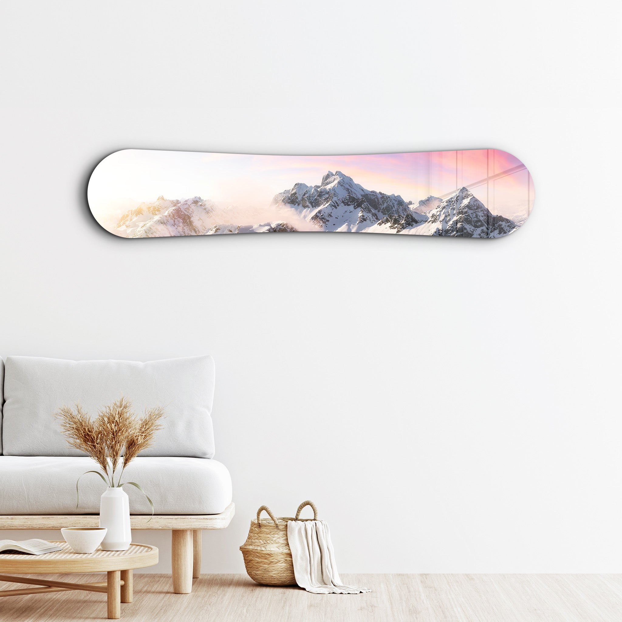 Sunrise Alpine Peaks snowboard glass wall art by Artdesigna featuring mountain landscape scene in clear glass.