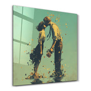 Romantic square glass wall art by Artdesigna featuring a couple's silhouette in a loving embrace.