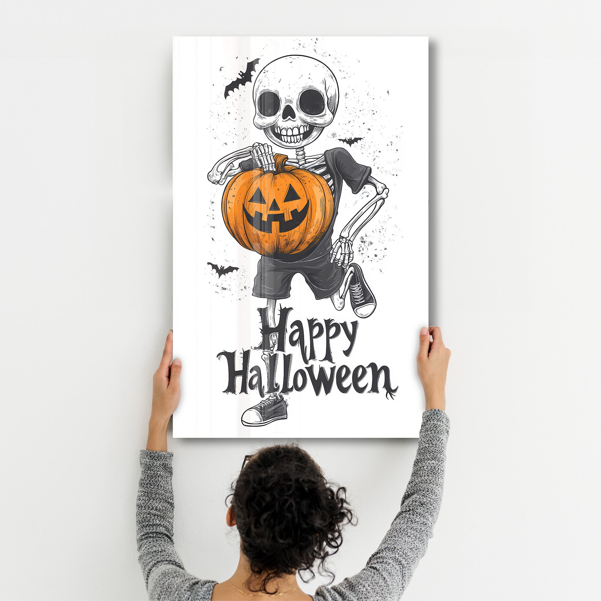 Skeleton Holding a Jack-O'-Lantern | Halloween Glass Wall Art - Artdesigna