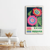 Yayoi Kusama inspired sunflower glass wall art by Artdesigna featuring vibrant pop art design and colorful floral motifs.