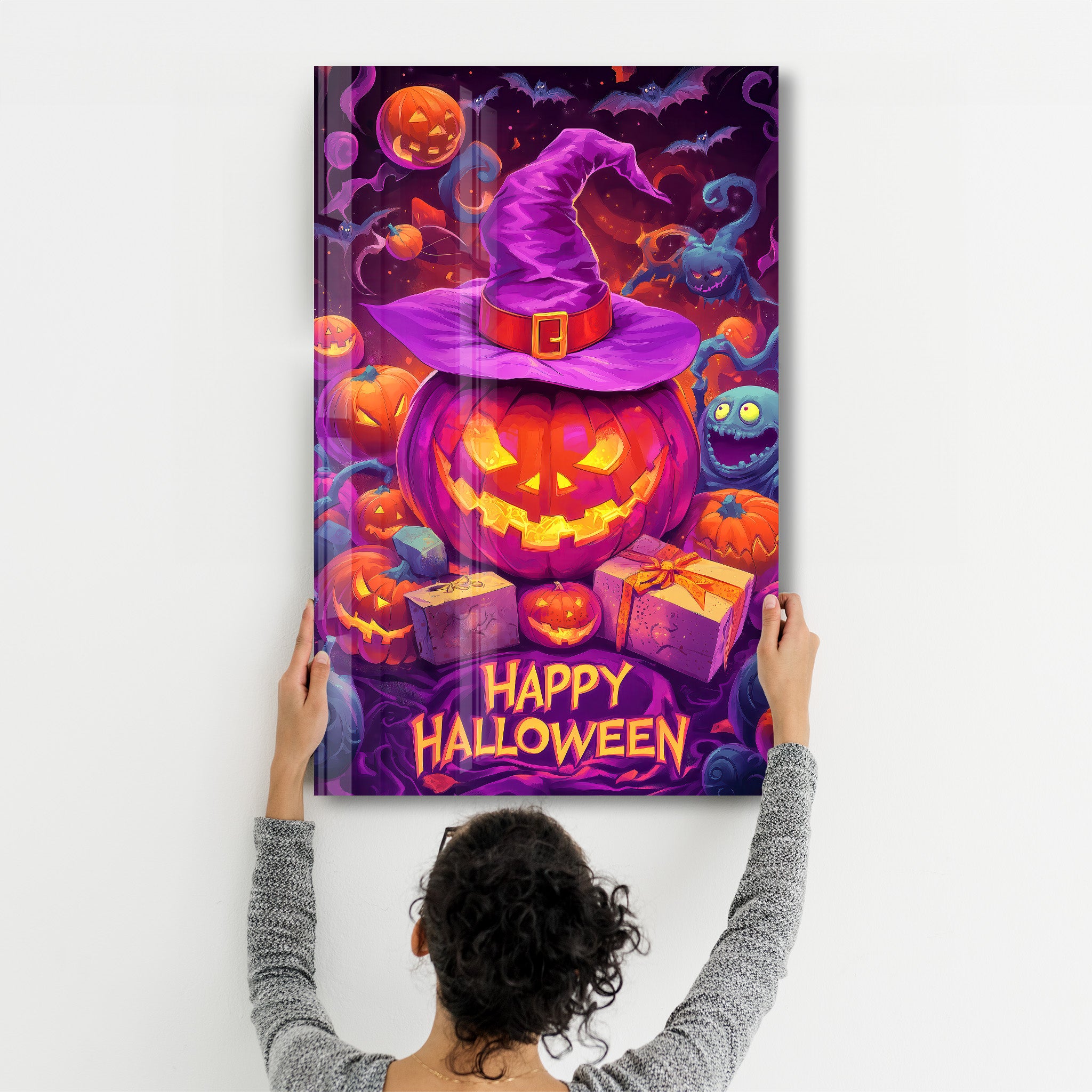 Glowing Jack-O-Lanterns | Halloween Glass Wall Art - Artdesigna