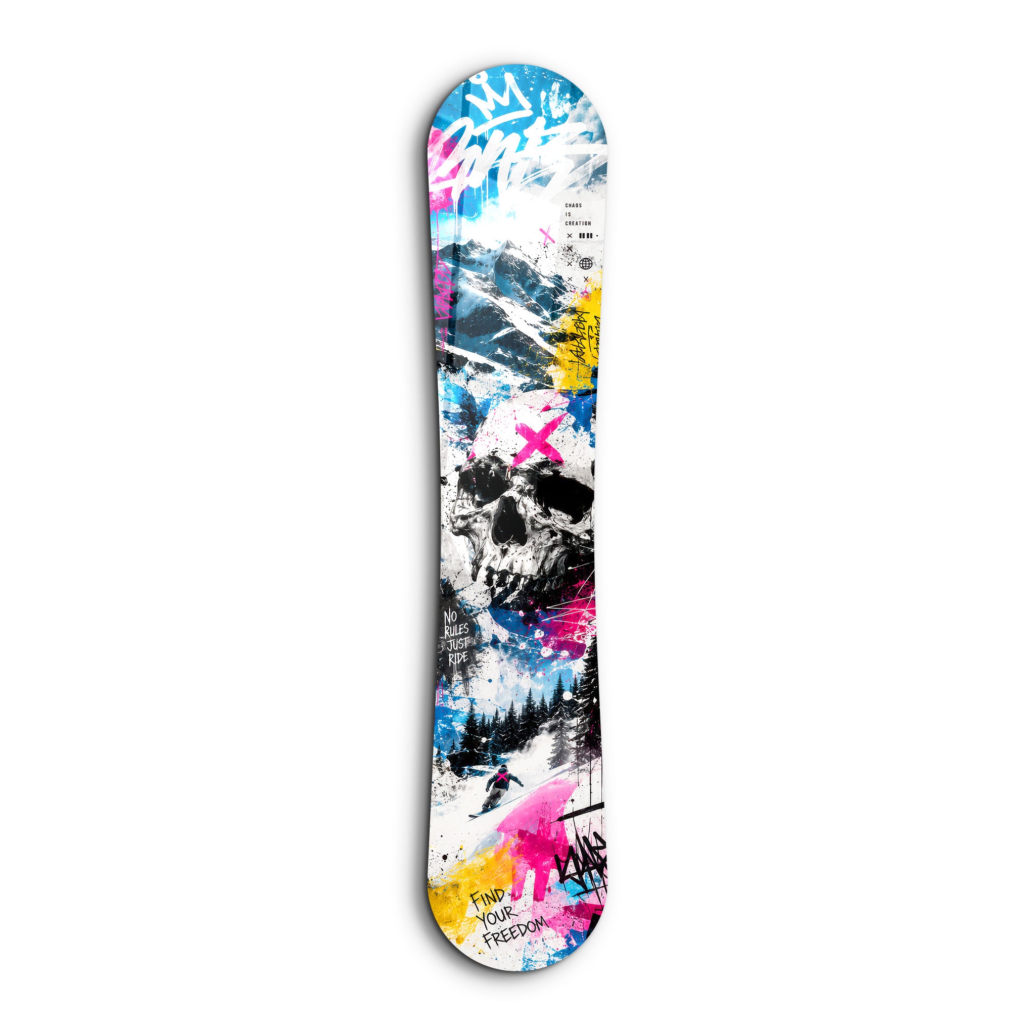 Find Your Freedom snowboard glass wall art by Artdesigna featuring a sleek, modern design with bold snowboarding imagery.