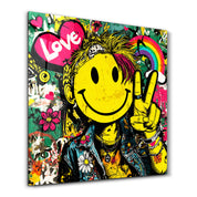 Colorful Smile Rebel Pop graffiti square glass wall art by Artdesigna featuring vibrant pop art design on clear glass.