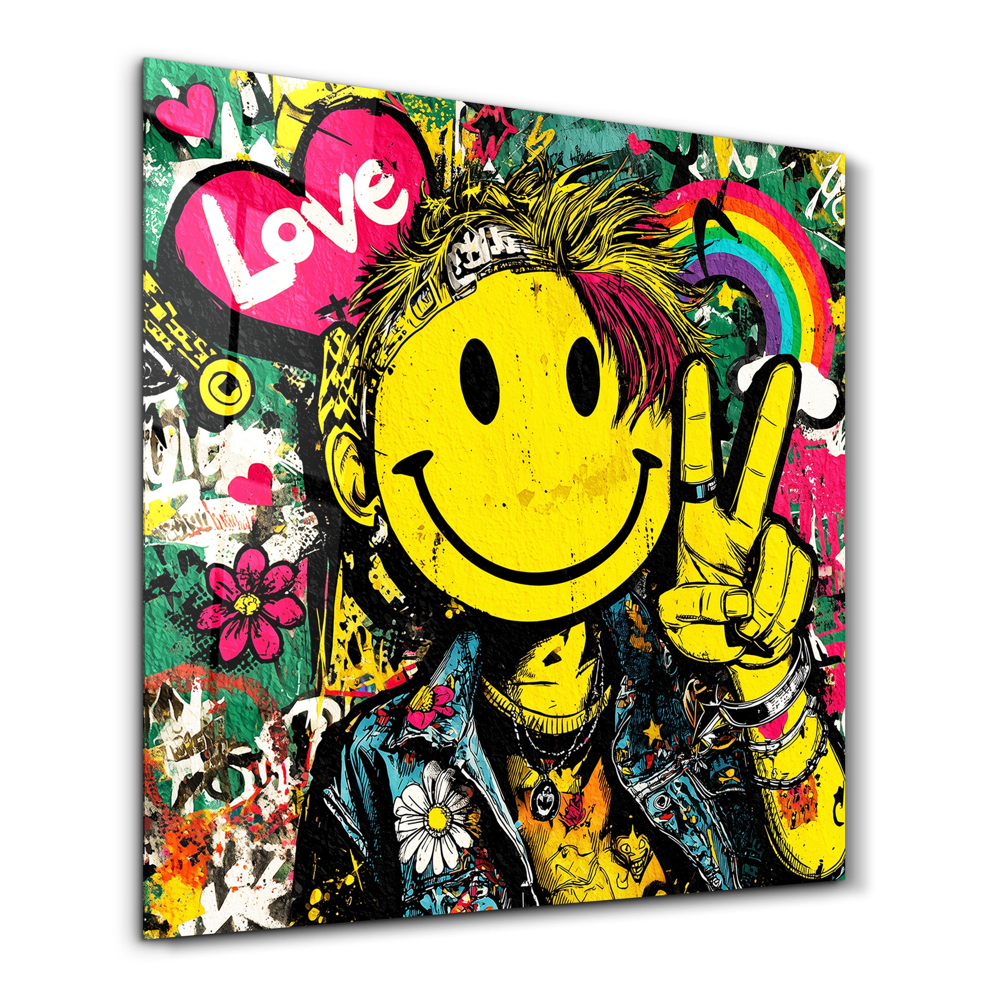 Colorful Smile Rebel Pop graffiti square glass wall art by Artdesigna featuring vibrant pop art design on clear glass.