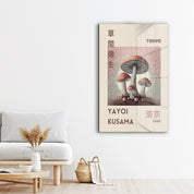 Yayoi Kusama mushroom poster Japanese pop art glass wall art by Artdesigna, features vibrant mushroom design on clear glass background.