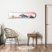 Sunrise Alpine Peaks snowboard-themed glass wall art by Artdesigna showing a mountain landscape with vibrant colors and snowy peaks.