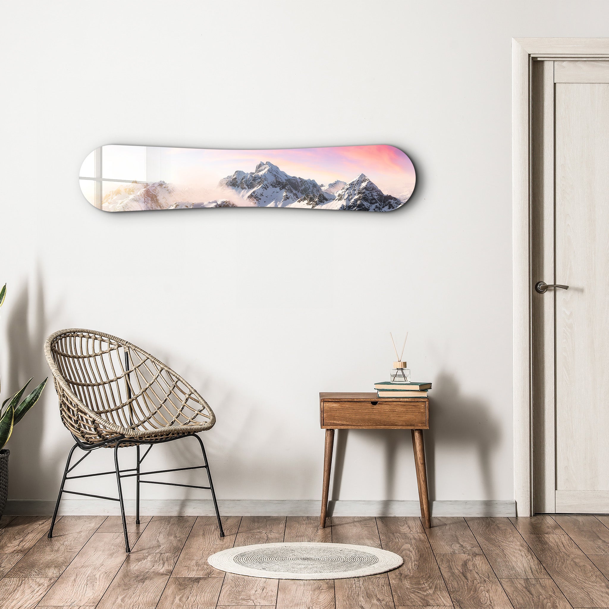 Sunrise Alpine Peaks snowboard-themed glass wall art by Artdesigna showing a mountain landscape with vibrant colors and snowy peaks.