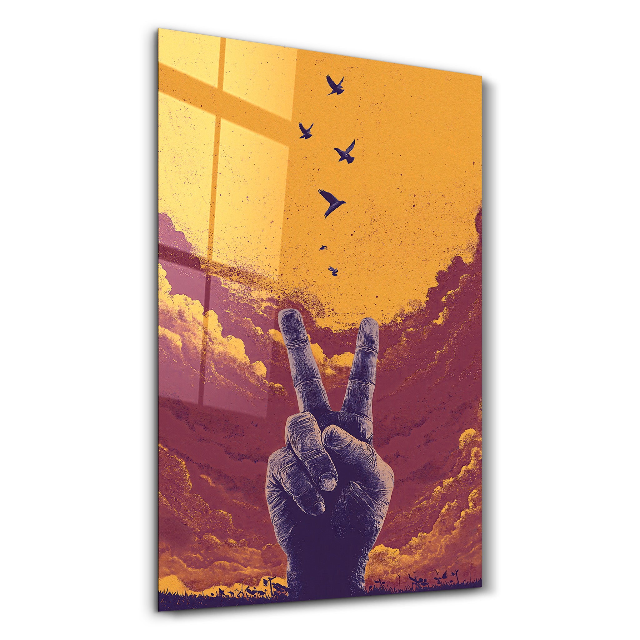 Colorful glass wall art titled "Sunset Freedom" by Artdesigna featuring vibrant sunset and peace rising imagery on a sleek glass panel.