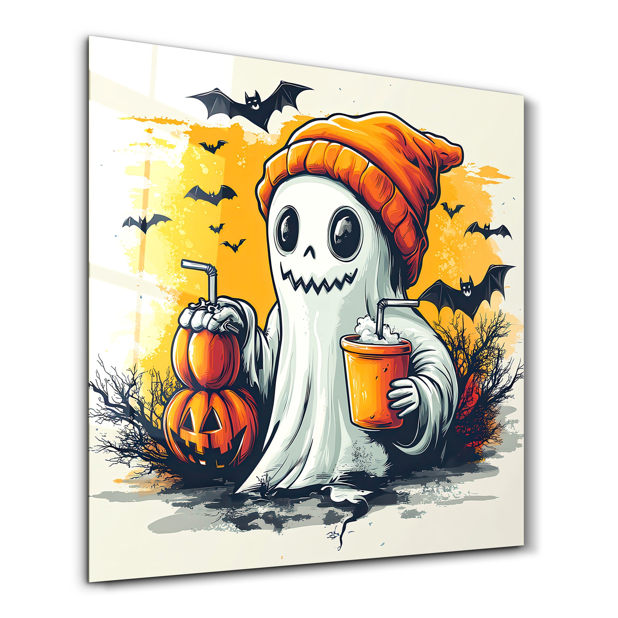 Chillin' Ghost: Halloween Vibes | Halloween Style Glass Wall Art - Artdesigna