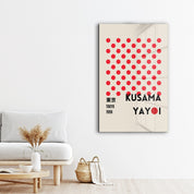 Red Dots Tokyo 1998 glass wall art by Artdesigna featuring Yayoi Kusama's signature Japanese pop art design.