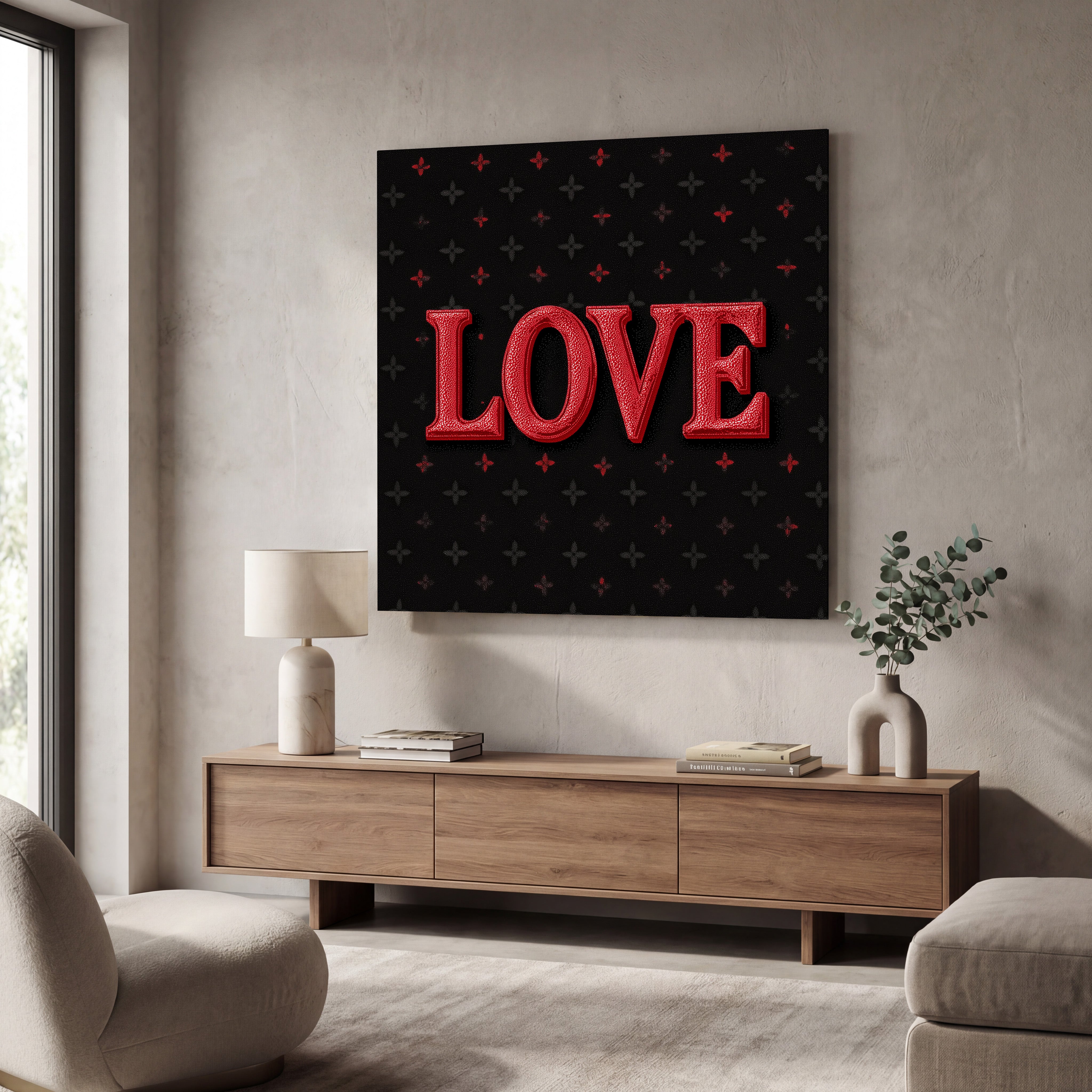Glass wall art featuring the "Midnight Love" luxe square typography design by Artdesigna, showcasing elegant black and white lettering.