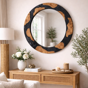 Black Diamond epoxy and olive wood wall art mirror with geometric design, crafted by Artdesigna in natural wood and black epoxy.
