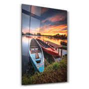 Longboats With Sunset | Glass Wall Art - Artdesigna