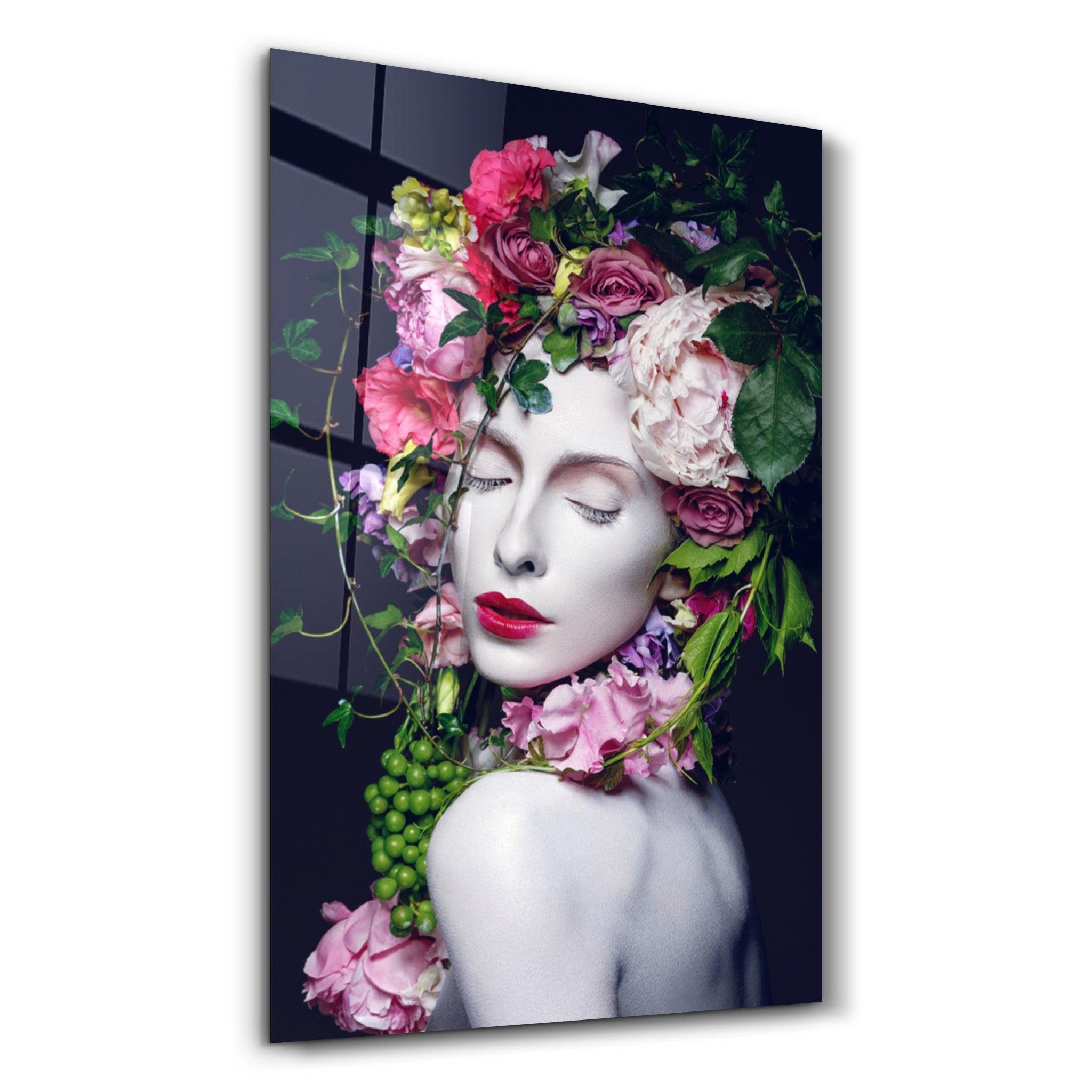 Floral Woman Portrait | Glass Wall Art - Artdesigna