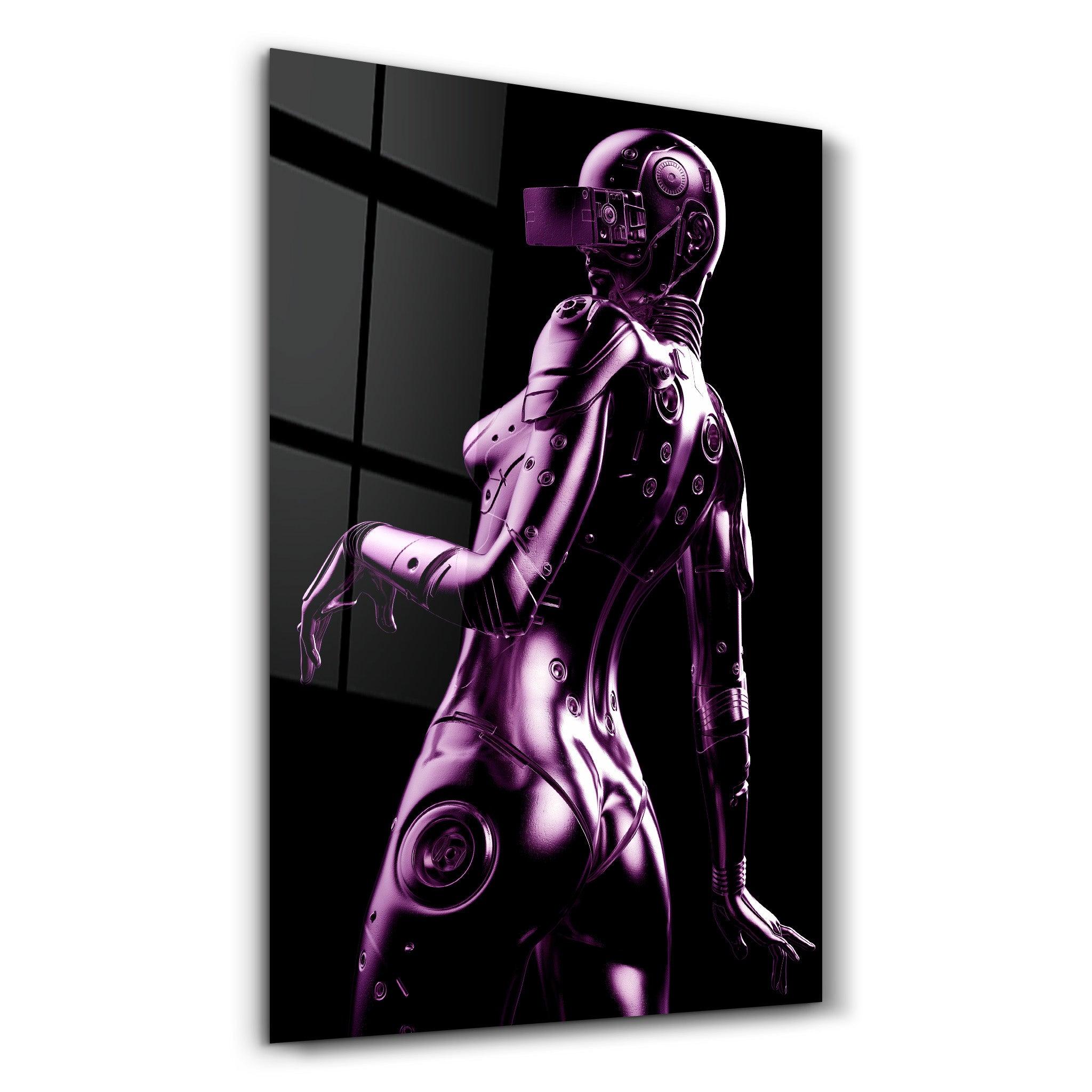 Steel Robot Girl in Purple | Designer's Collection Glass Wall Art - Artdesigna