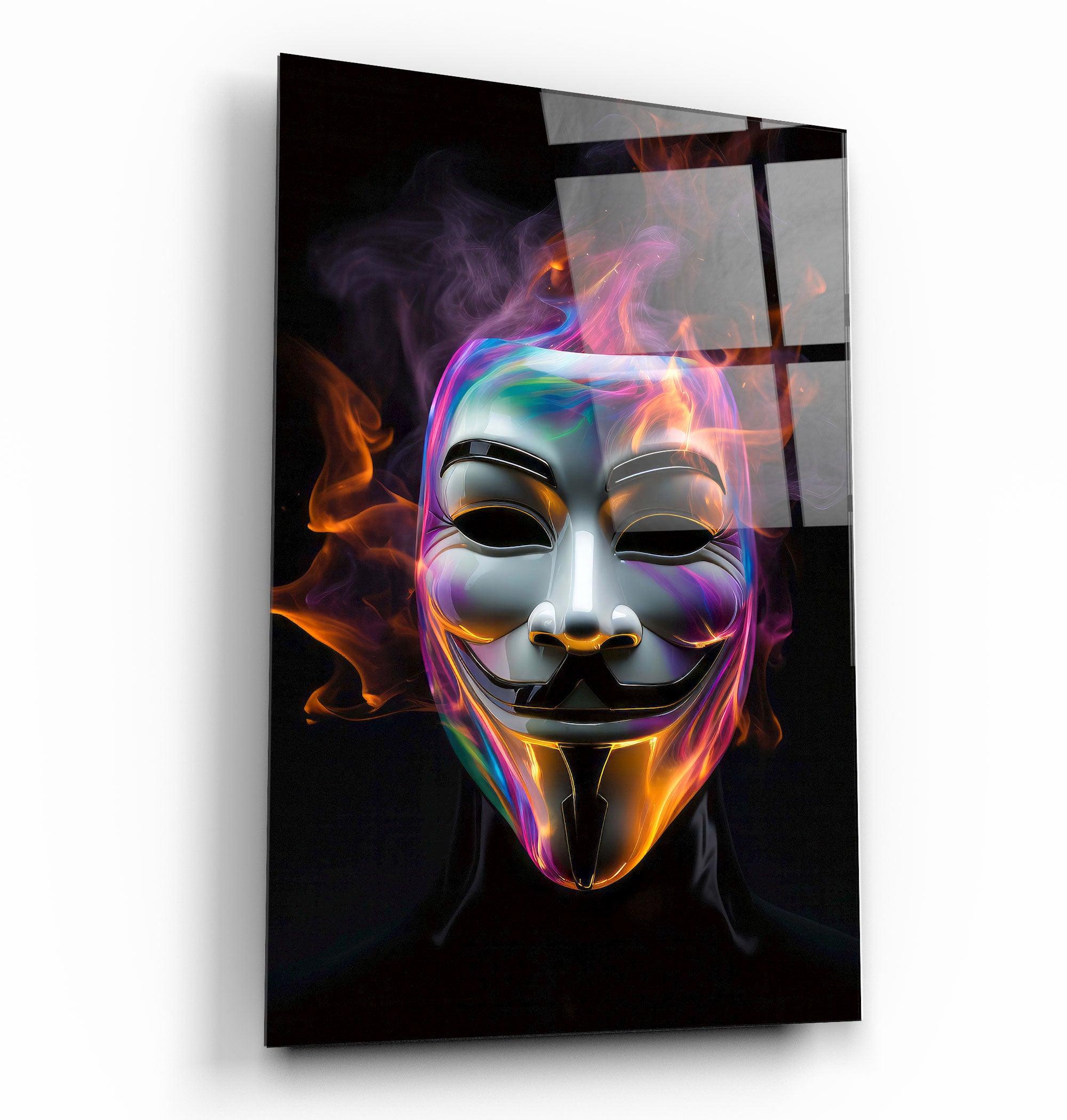 Salvador Mask with Neon Smokes | Designers Collection Glass Wall Art - Artdesigna