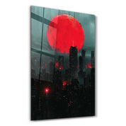 Red Moon over the City - Designers Collection Glass Wall Art - Artdesigna