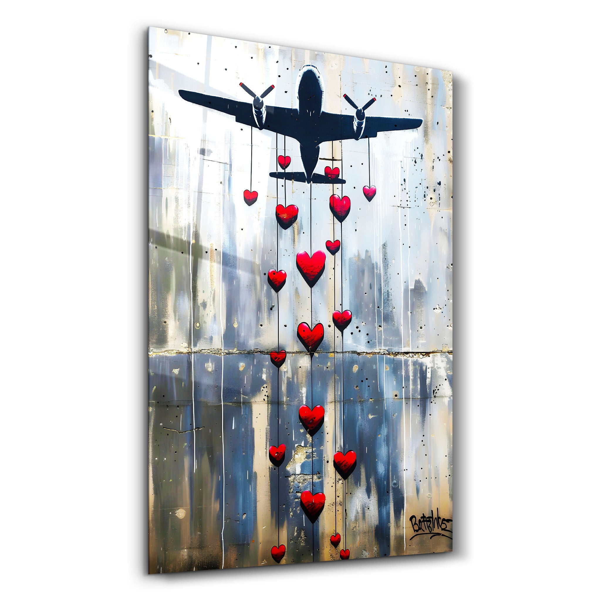 Love Bombing Banksy Style - Glass Wall Art - Artdesigna