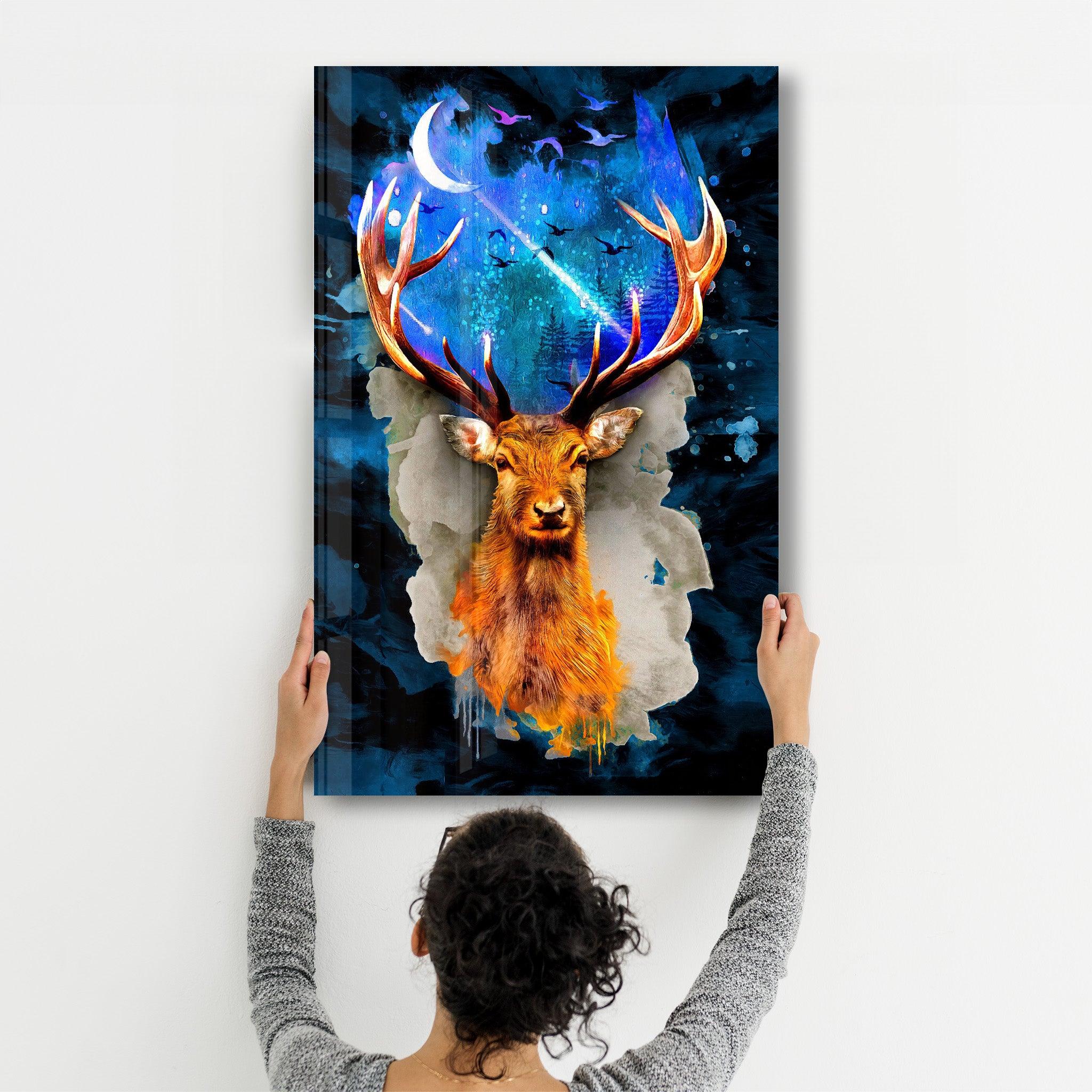 Deer & Moon | Glass Wall Art - Artdesigna