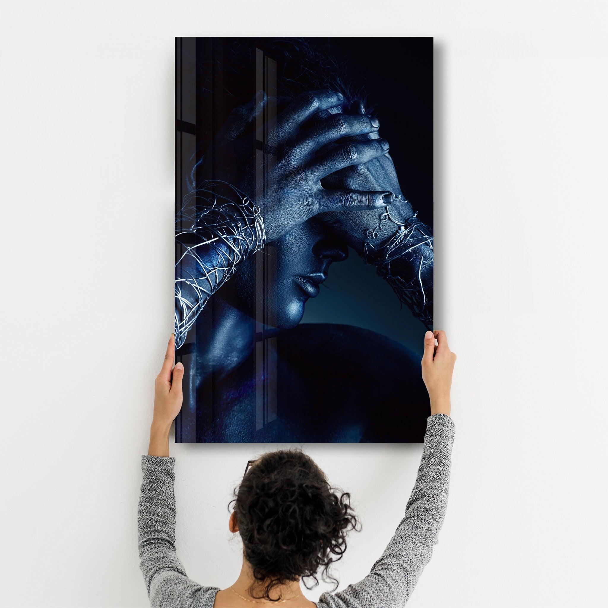 The Woman In Dark Blue | Glass Wall Art - Artdesigna