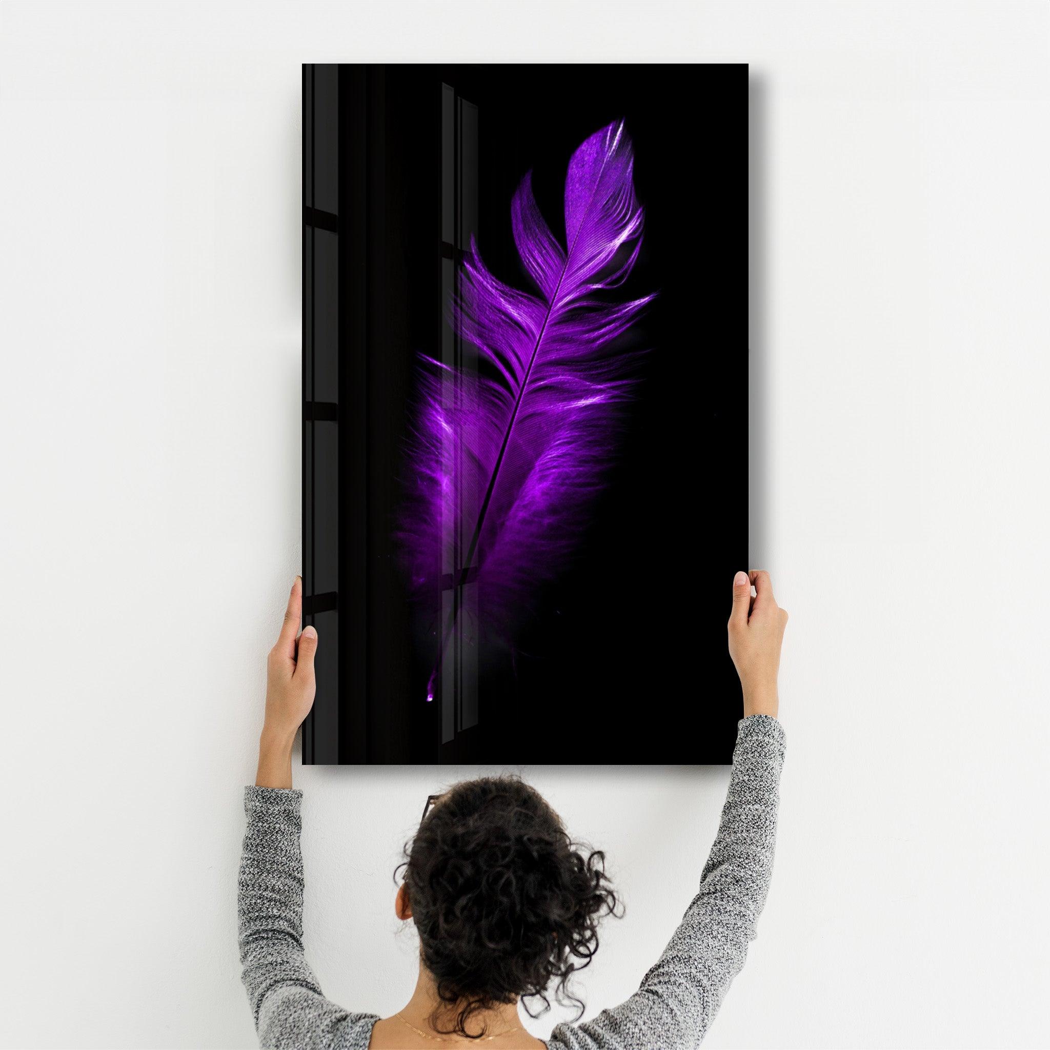 Purple Feather | Glass Wall Art - Artdesigna